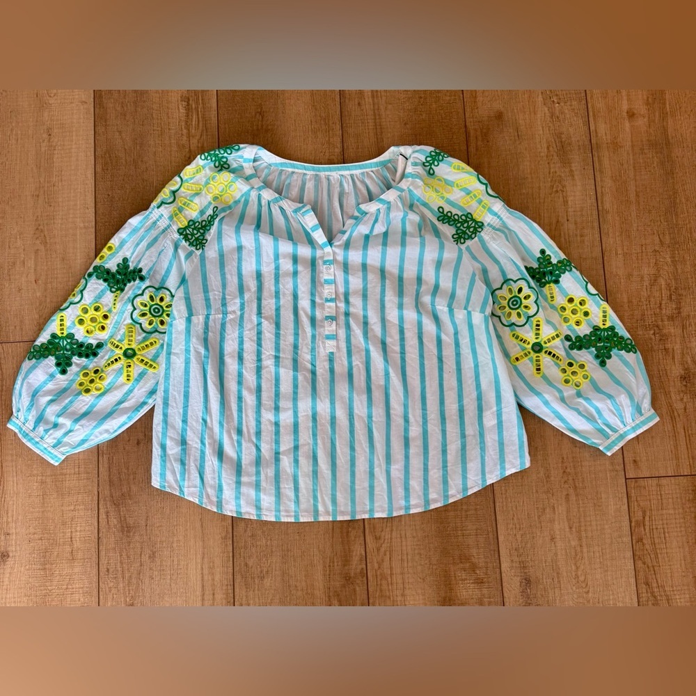 Boho Embroidered Cutout Sleeve Blouse Aqua Stripe Cotton Peasant Top Artsy Large